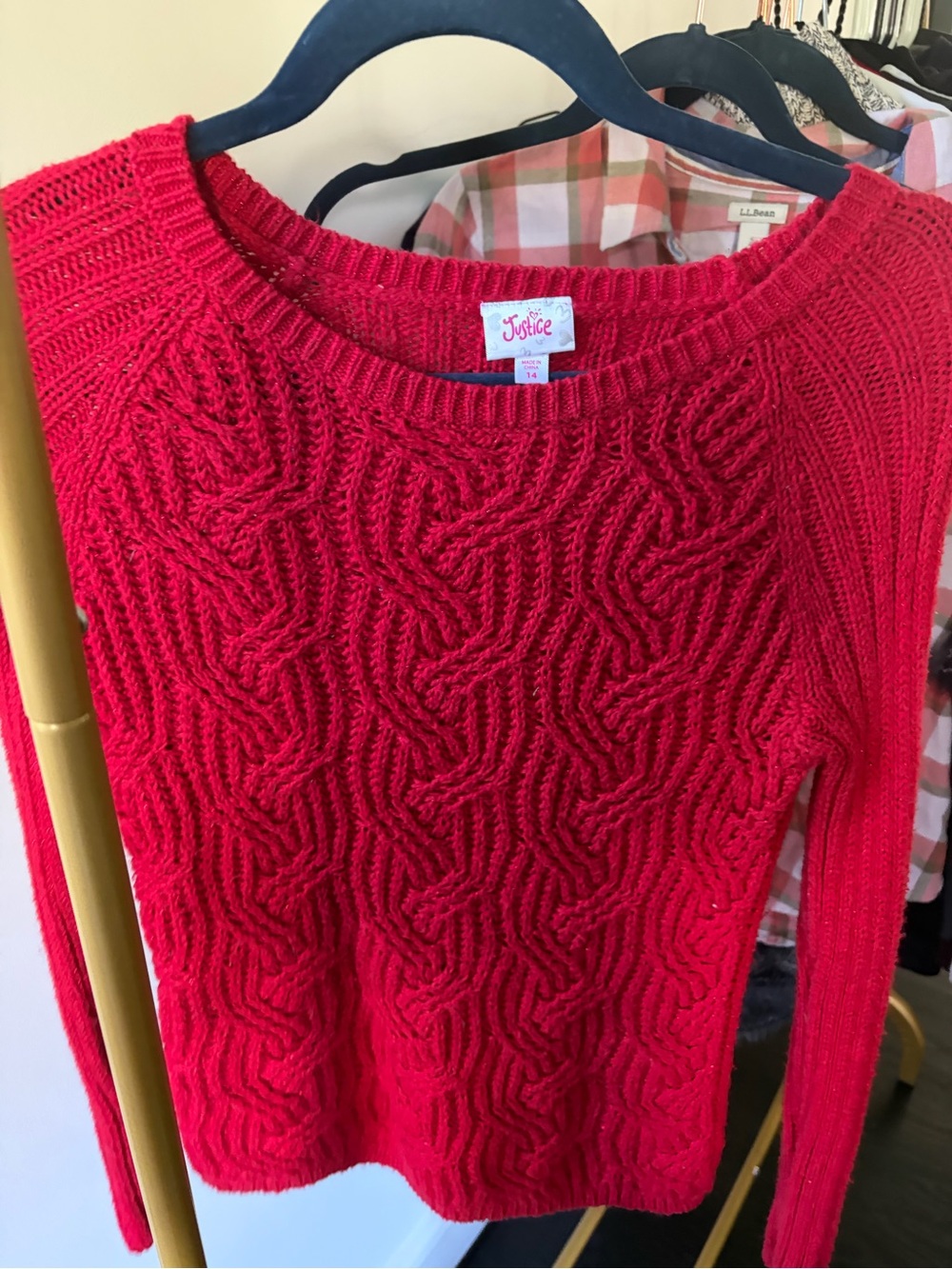 Justice Bright Red Cable-Knit Crewneck Sweater Girls size 14
